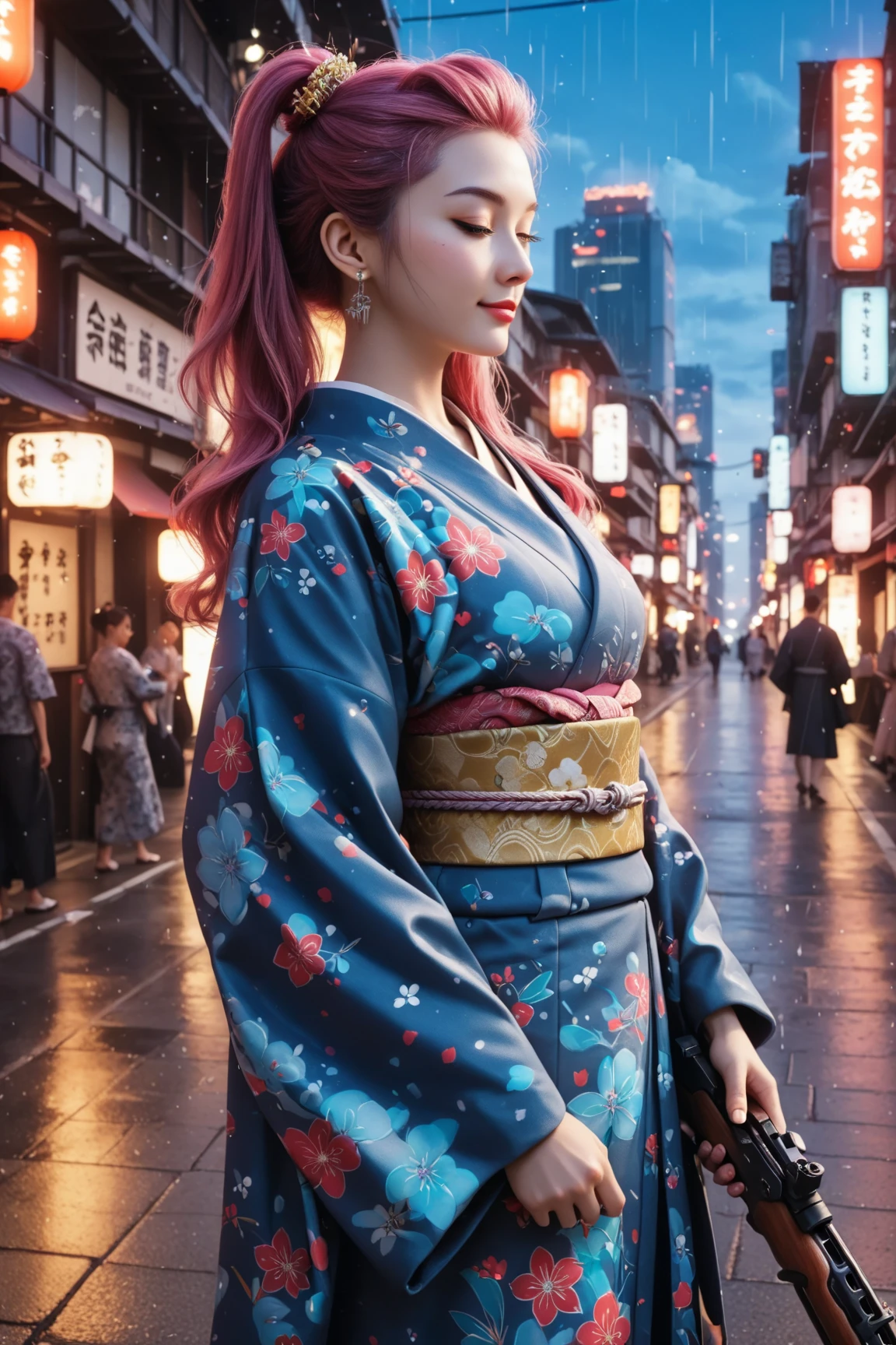 score_9, score_8_up, score_7_up, 1girl,sakuragun, solo, long hair, medium breasts, niples,looking at camera, dress, blue hair, standing, braid, thighs, japanese clothes, kimono, nail polish, lips, sash, night, short dress, rom below, red dress, red nails,