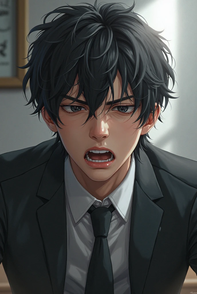 1boy, black hair, black shirt, red eyes, watch, messy hair, 8k resolution, classroom, shabby classroom, fierce, blood stains all over the body, delicate facial features, high cold, murderous, angry, knife in hand,