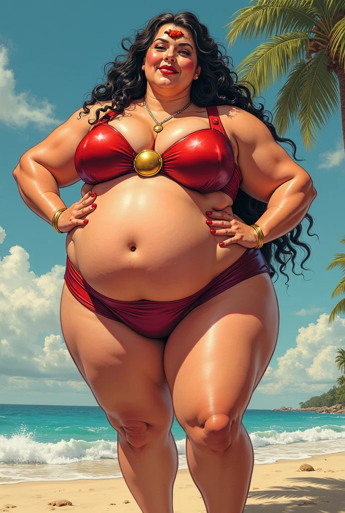 Beautiful plump woman, dark hair, in red swimsuit, lying on deck chair,
Fernando Botero Style, full body