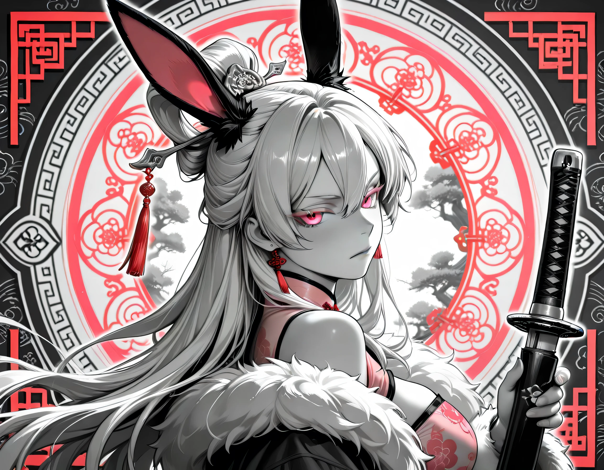 1girl, female goddess,Colored eyelashes, pink eyes, side view,Holding a katana, dynamic pose, Zodiac art background,(intricate detailed background),upper body, looking at viewer, long hair,hair between eyes, tsurime, bunny Ears,single Hair,hair fulled back,Jewellery, ornament,Hair accessories,(Chinese clothes with rabbit pattern),Fur coat,smooth Texture ,score_9,score_8,score_7_up, manga style art, monochrome, Grayscale,HD,8k wallpaper, Highly detailed, Sharp focus,(pink pattern),