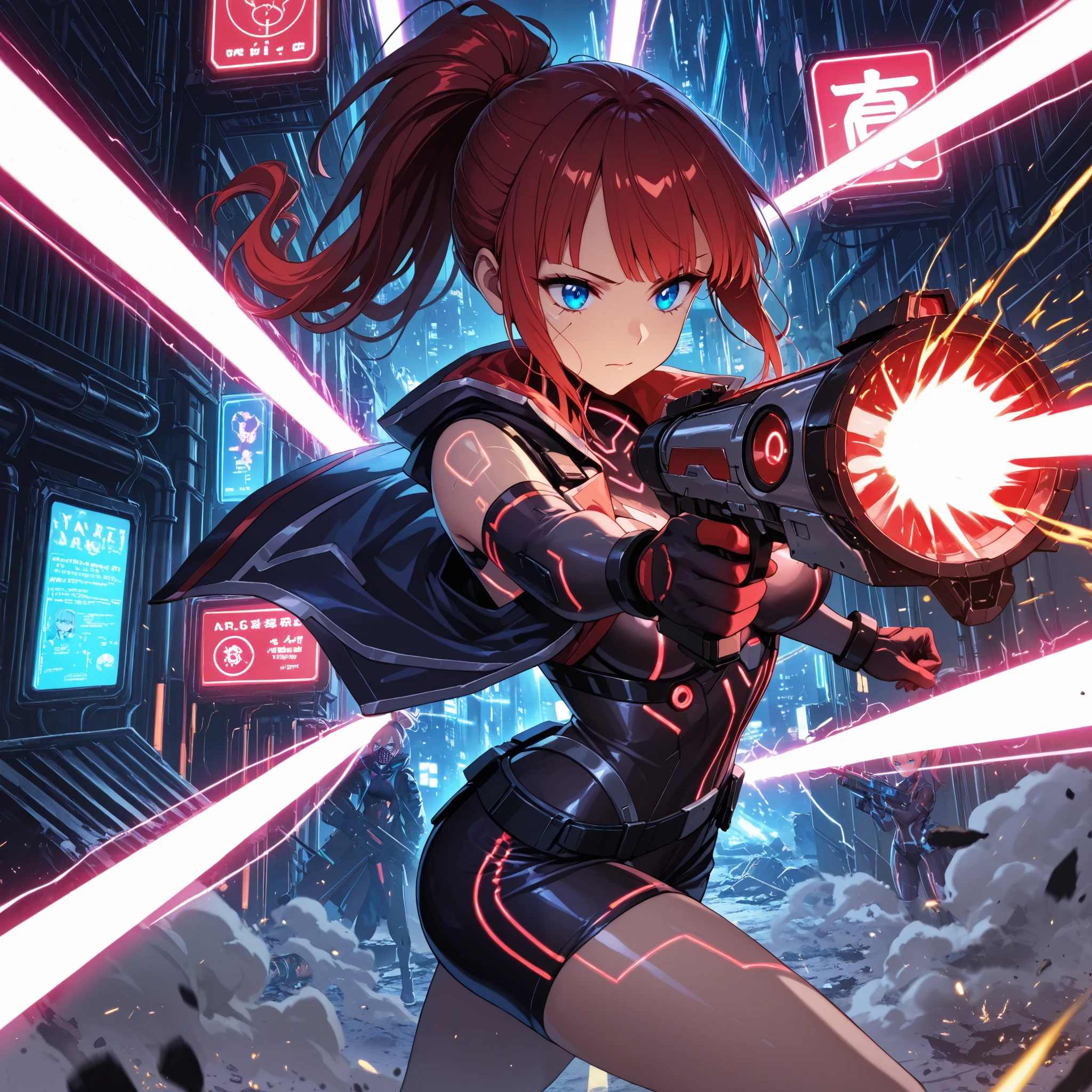 cowboy shot,solo focus,facing viewer,,blue eyes, Bangs.,Focus on the muzzle,A cyberpunk battle scene inside an enemy base. A slim and agile female warrior with a high-tech bodysuit is dodging enemy laser fire while returning fire with her energy pistol. Her long ponytail flows dynamically with her rapid movements. The battlefield is filled with neon lights, sparks, and debris.
Shorts. Holding laser gun. They shoot lasers at each other. Ponytail. Heroine,xss,
(masterpiece, detailed:1.2),
Laser beams from enemy turrets streak from the foreground into the background, creating a strong sense of depth and perspective. Some beams barely miss her, illuminating her face with a bright red glow. The environment is a dark industrial facility with holographic displays, pipes, and glowing wires. Smoke and sparks rise from damaged consoles.modernretroanime、anime art,
Anime、
The composition is dynamic, with the female warrior in a three-quarter action pose, mid-air, twisting her body to evade an incoming laser. Motion blur emphasizes her speed, while the bright contrast of neon blues and reds enhances the cyberpunk aesthetic、