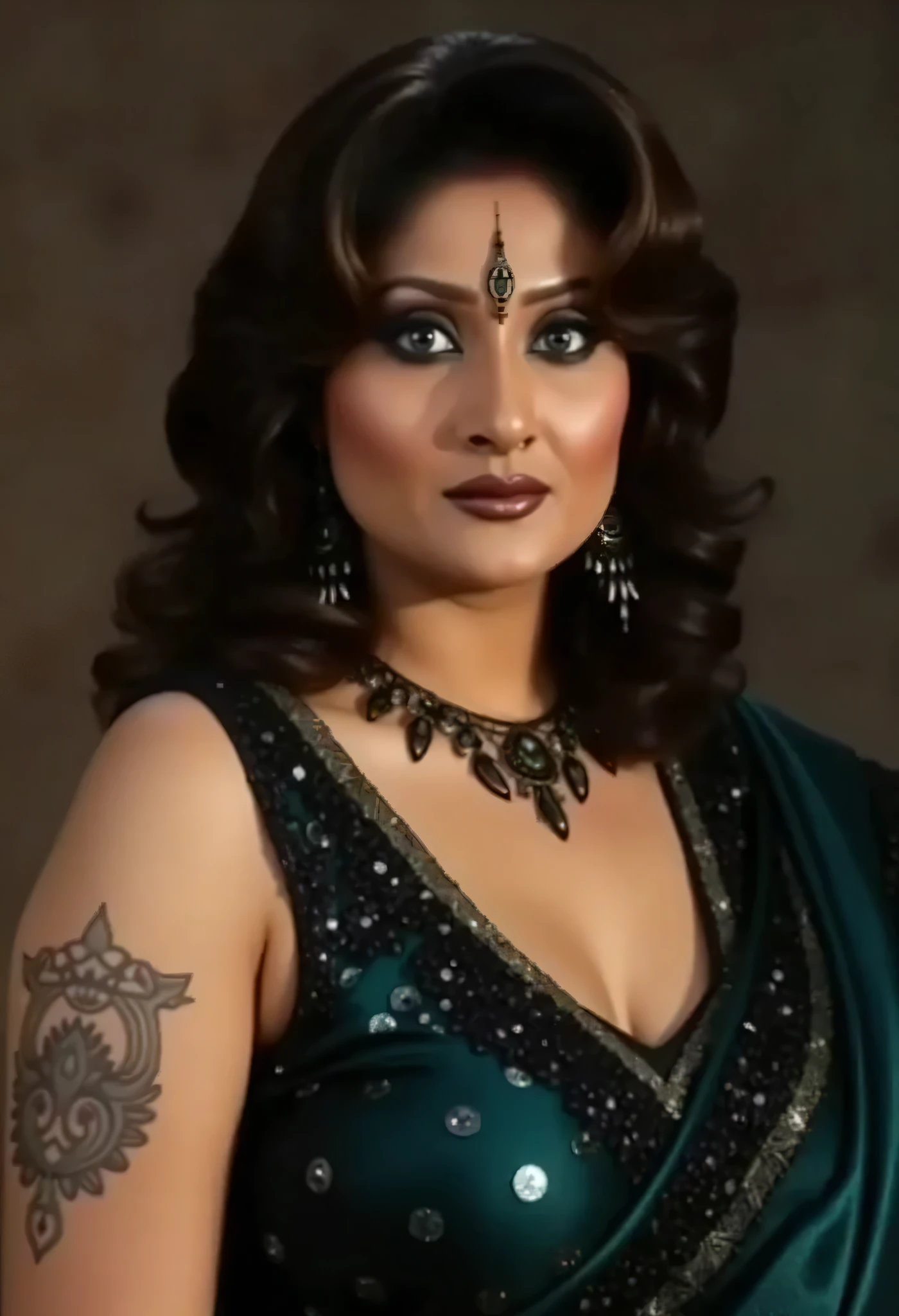 full body Closeup shot, slim aunty, milf, demoness mommy, sexy sleeveless blouse, sensual demoness, queen of the dark world, mother of demons, heavy breasts Indian aunty, huge figure, huge massive breast, cougar lady witch, horny Gothic milf,  50 years old gorgeous mature lady, pervert demoness, demoness of lust, curvy, black lips, horny face, extremely gorgeous, thick figure, heavy physique, voluptuous, curvy, sexy figure, Fashionable portrait of androgynous alien looking witch, glowing eyes, futuristic design, minimal details, givenchy, photoreal, 200mm, hd, f/ 2.0, highly detailed, surreal, sexy beautiful evil woman, sexy bold sequin Saree with strapless Bra, chudail, Pishachini, horror genre, blood-thirsty enchantress, powerful female spirit, eerie, drop dead, in the style of red and blue, (intricate details, hyperdetailed:1.15) (skin texture:1.2), dark Moody tone, cinematic lighting, haunted place in background, desi full figured bbw aunty, chudail aunty, sexy spicy hottest demoness queen, sexy smokin' hot chudail, sexy witch mommy, sexy sleeveless blouse, deep cleavage, 