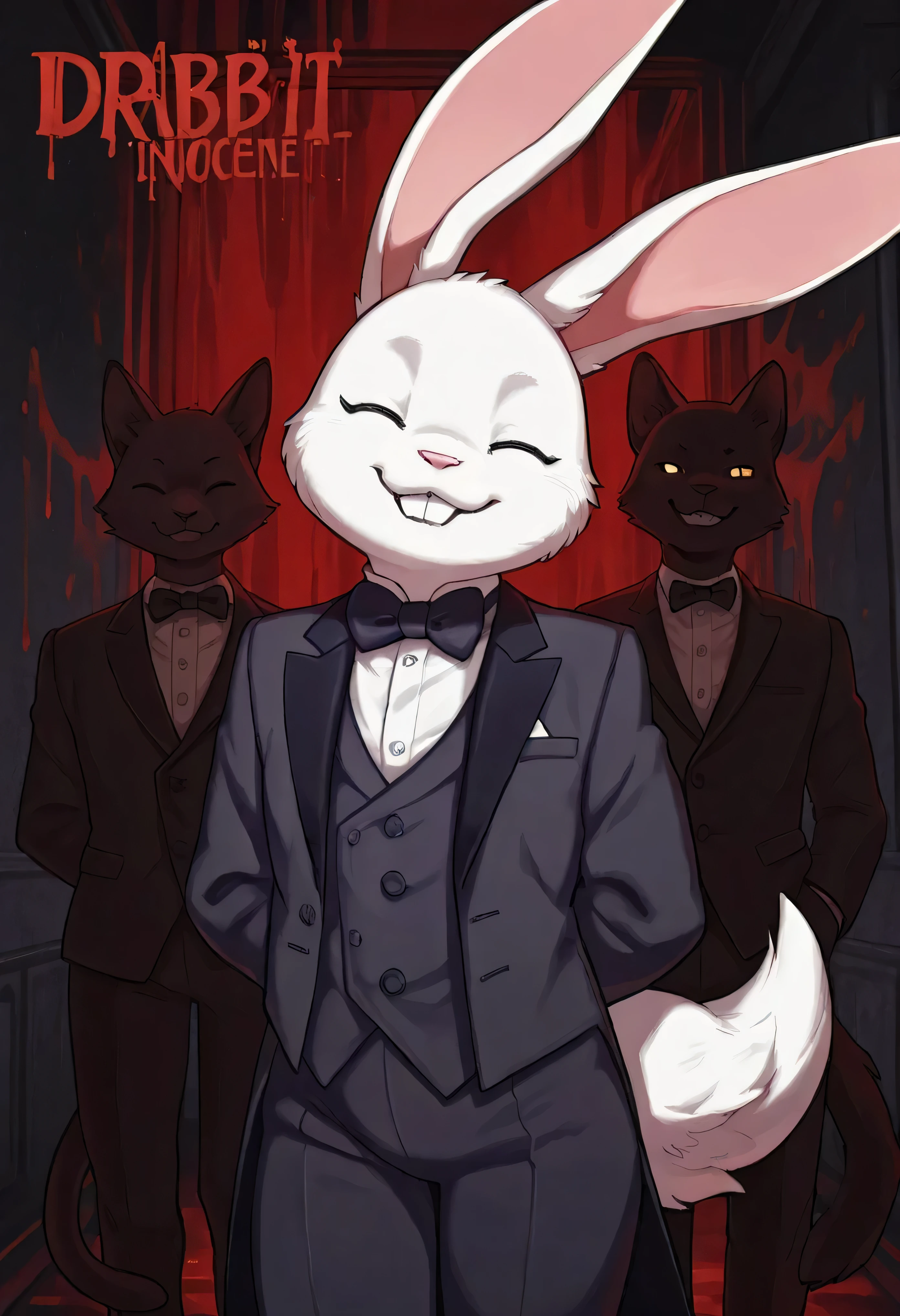[drabbit ♂️] [Generating Test*] [who is the culprit, who knows?!] - high quality, best quality, anime, Anthro furry, DRMr, drabbit, white fur, tail, long ear, wearing suit jacket with bowtie, at crime scene, bloody mess, 