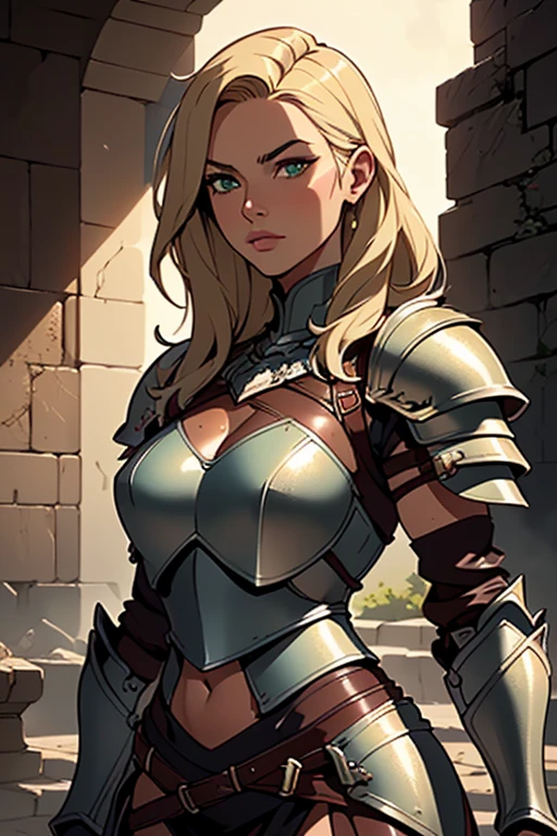 Warrior blonde, armor, medieval fantasy, D&d, RPG, ultra realistic, ultra detailed, best quality, 8k, wallpaper, steel breastplate, steel gauntlets, steel gloves, sitting, short skirt, blue skirt, tiny panties, tight panties, white panties, panty view, upskirt, cameltoe, pantyshot, RAW,