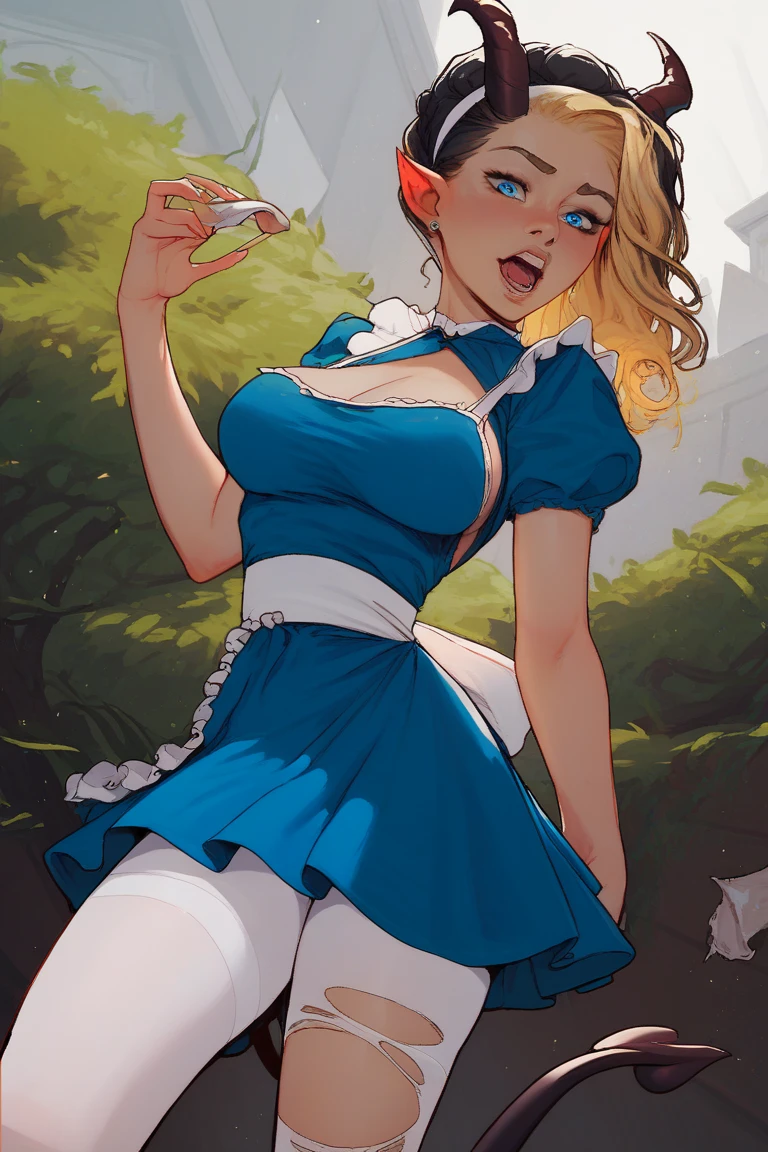 masterpiece, full figure, 1girl, solo, a sexy Alice in Wonderland with blonde hair, powder blue dress with white ?????, white stockings, cleavage, dynamic, ultra high def, 32k, (tall and slender:1.2), (perfect ???????:1.2), perfect legs, in the style of Artgerm and Adam Hughes, (ahegao:1.2), (rolling eyes:1.2), (head upwards:1.2), (torn clothes, ripped clothes:1.2), (bare breasts:1.4)