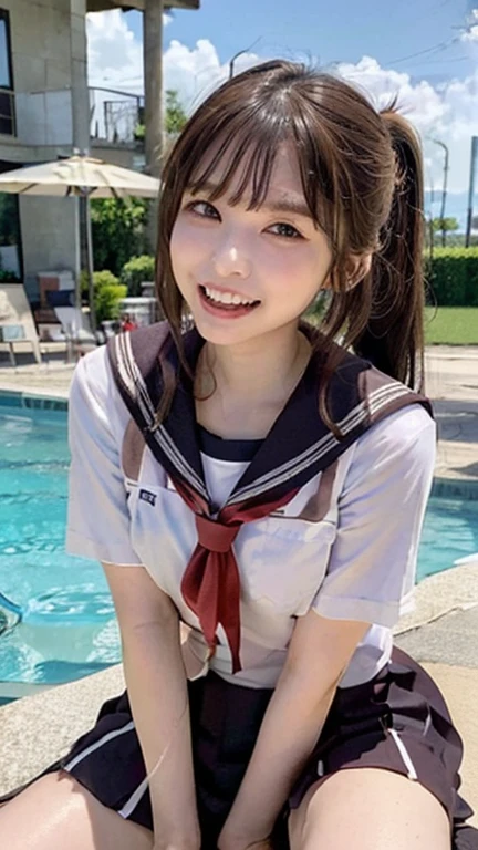 ((masterpiece, Highest quality)),Best aesthetics,(One Girl:1.4),(squat, Spread your legs:1.4),Pool, Long Hair, Outdoor, View your audience, Focus Only, Brown eyes, (high school girls are wearing uniforms:1.4), Black hair ponytail, bangs,smile,Black underwear,Wet Hair,(Big Breasts),(Random Gravure Pose:1.4),(solo:1.8),(Wet clothes:1.2)