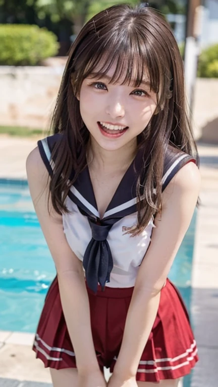 girl taking shower in sunny school poolside,wet sailor shirt,white micro bikini bottom,18-year-old,bangs,a little smile,thighs,knees,wet short hair with low pigtails bunches,from beside,front light