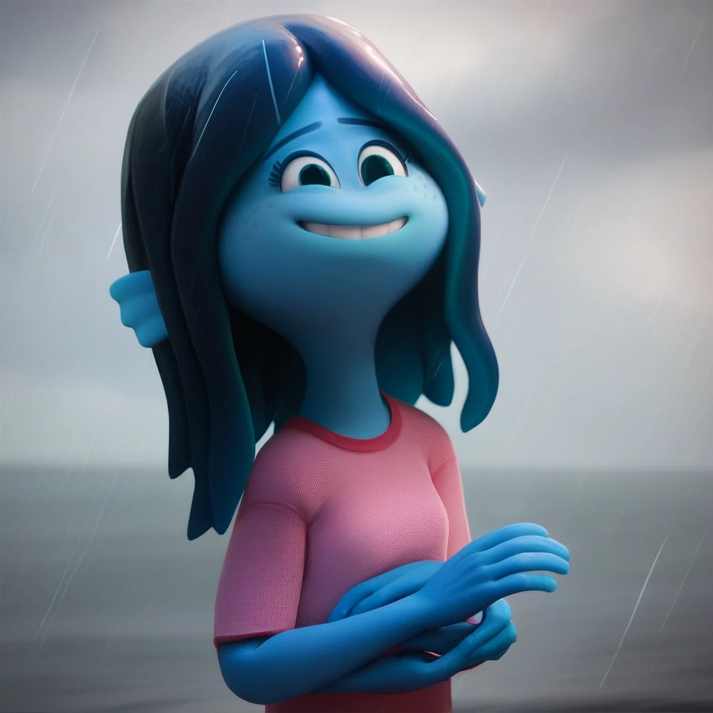 A 14 year old Japanese girl., purple hair in a ponytail, blue necklace, gray tank top, scared, stuck in quicksand reaching up to her breast, trying to move to get free, Pixar in 3D, (Best Quality, 4k, 8k, high resolution, Masterpiece: 1.2), ultra detailed, (realist, photorealist, photo-realist: 1.37), quicksand, vivid colors, studio lighting