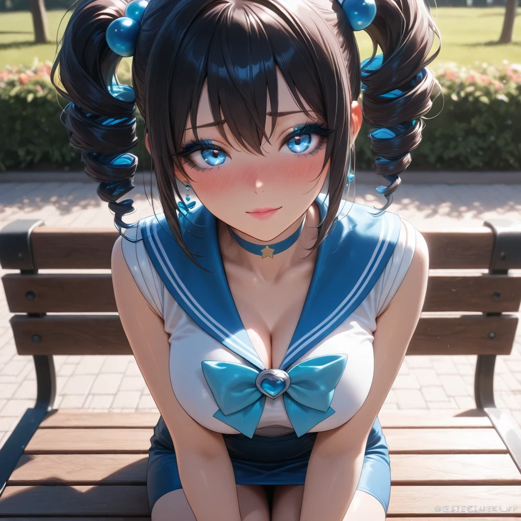 masterpiece, highest quality, One Girl, Thighs, beautiful girl, Small waist, Official Art, RAWphotograph,colorful、Bright lighting、Face Light, Ultra-realistic, High resolution, photograph, Sharp focus, Highly detailed eyes and face,Symmetrical face, whole body、Large Breasts、Long Hair、チラリと見えるThighs、Beautiful cleavage、smile、lipstick、Twin tails、White tennis wear、whole body、Embarrassed、mini skirt、White socks