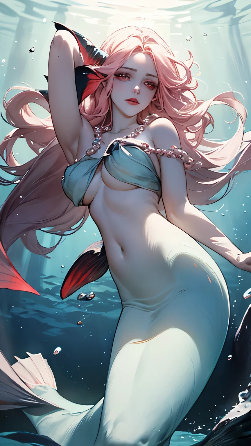 A mermaid queen beneath the waves, her kingdom an underwater marvel of coral and light, surrounded by sea creatures, the water's play of light creating a dreamlike quality that enhances the sensual yet majestic nature of the scene.