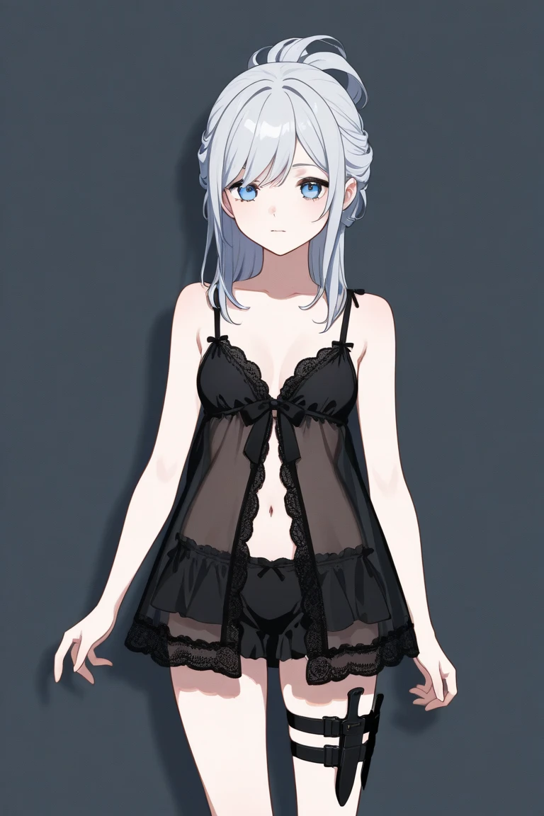 masterpiece, best quality, high quality, highres, official art, explicit, extremely detailed, ultra detailed, absurdres, very aesthetic, perfect composition, (front view), (siesta, Blue eyes, short hair, white hair, hairclip, x hair ornament, bangs), bedroom, (blush), (negligee:1.1)