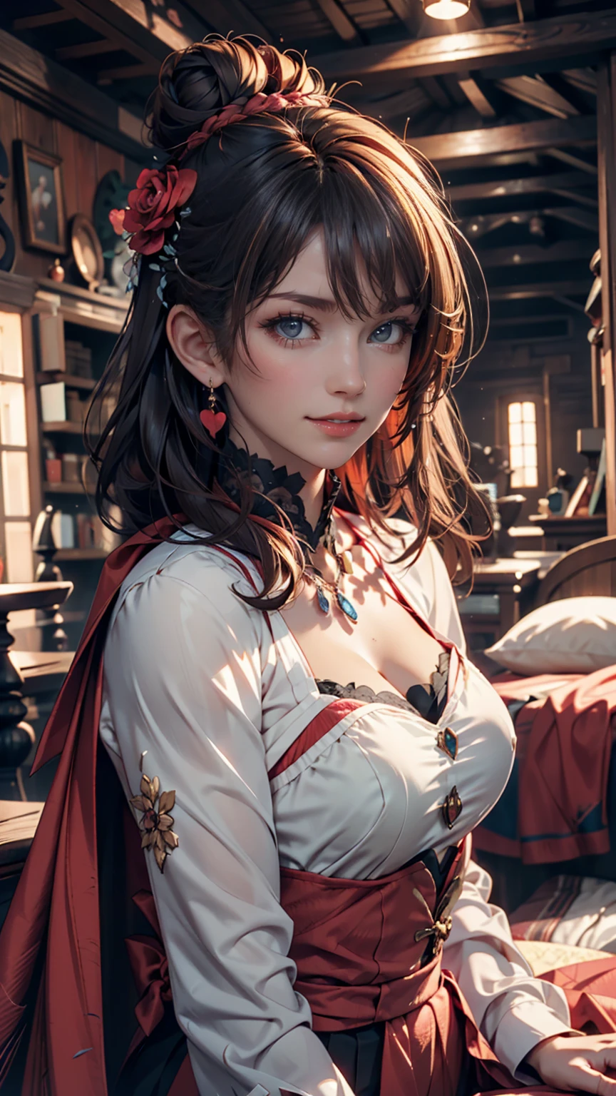 Masterpiece, best quality, 1_woman, (upper body), (Caucasian skin_complexion) (looking away from the viewer) long double hair braids, dark red hair, diamond shaped eyes, , large_bust, chest window, cleavage, dark red (Victorian blazer),tan halter top blouse, double button breast, long dark red (Lolita skirt), silver trim, black tights, barefoot, small waist