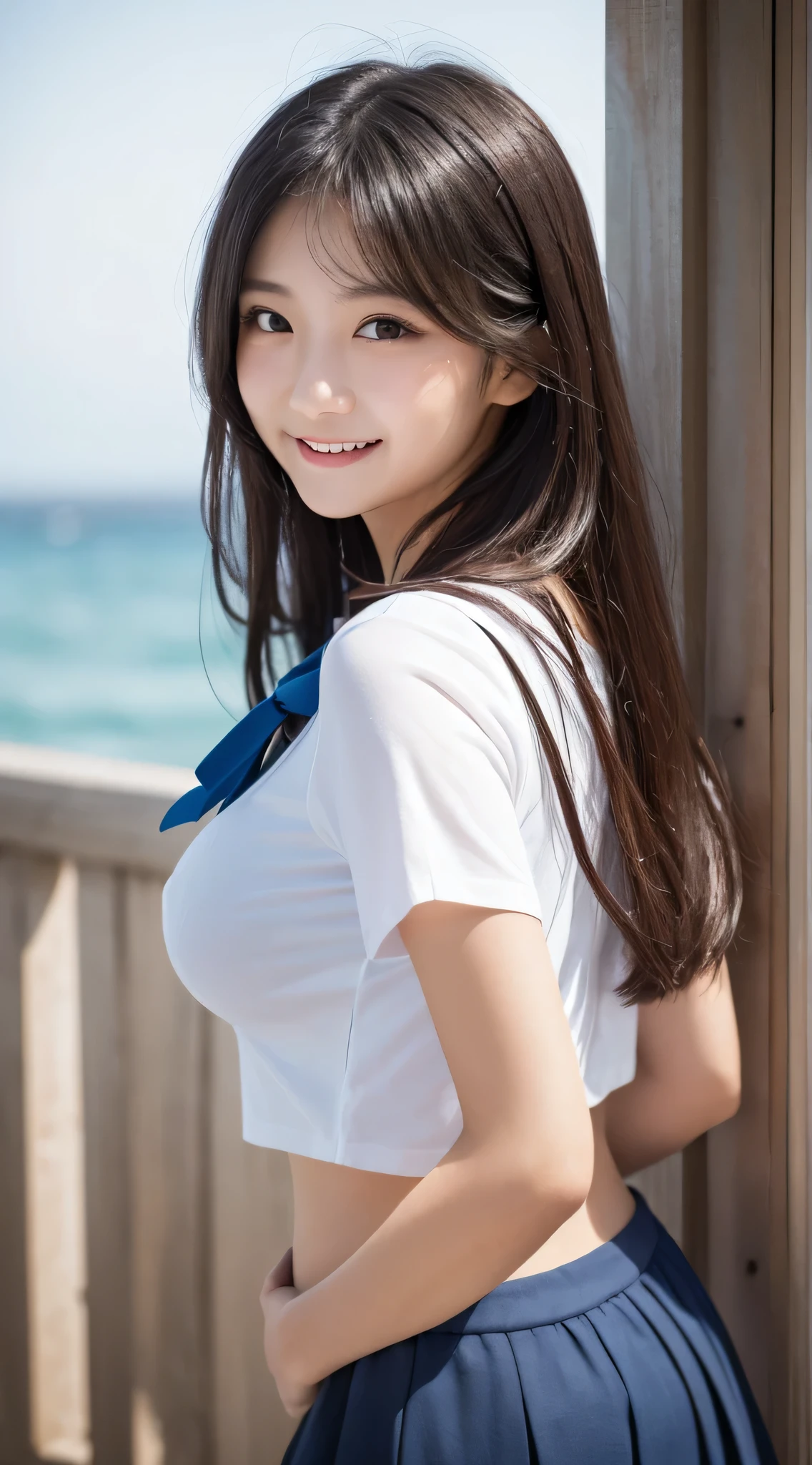 ultra highres,(reality: 1.4),highest quality, masterpiece, high detail, 16K quality, beautiful, 1 beautiful girl,japanese,super beautiful face,baby face,japanese idol face,cute face,super detailed face,detailed hand,beautiful skin,sweaty skin,big eyes,big smile,profeccional lighting,medium hair, black hair,brown beautiful eyes, white shirt,cleavage,brown checked skirt,standing,((wind lift:1.3)),(((white panty))),medium breasts,she is looking at the camera,beach,blue sky, beautiful blue ocean,nsfw,from below,