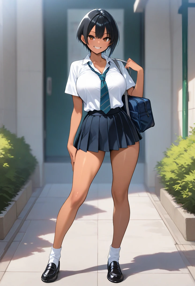 obra de arte, melhor qualidade, ((1 garota)), ((( adolescente))), ((dark skinned female)), sorriso, olhando para o espectador, olhos detalhados, ((cabelo curto)), (((cabelo preto))), olhos azuis, ((uniforme escolar)), ((Sem fundo)), ((bichano)), ((Nu)), ((NSFW)), ((feliz)), bonitinho, ((um olho fechado)), ((piscar)), ((cores vivas)), bela luz solar detalhada, fundo detalhado, pele detalhada, mais alta qualidade, Focado, ultra detalhado, absurdos, (hdr:1.5)
