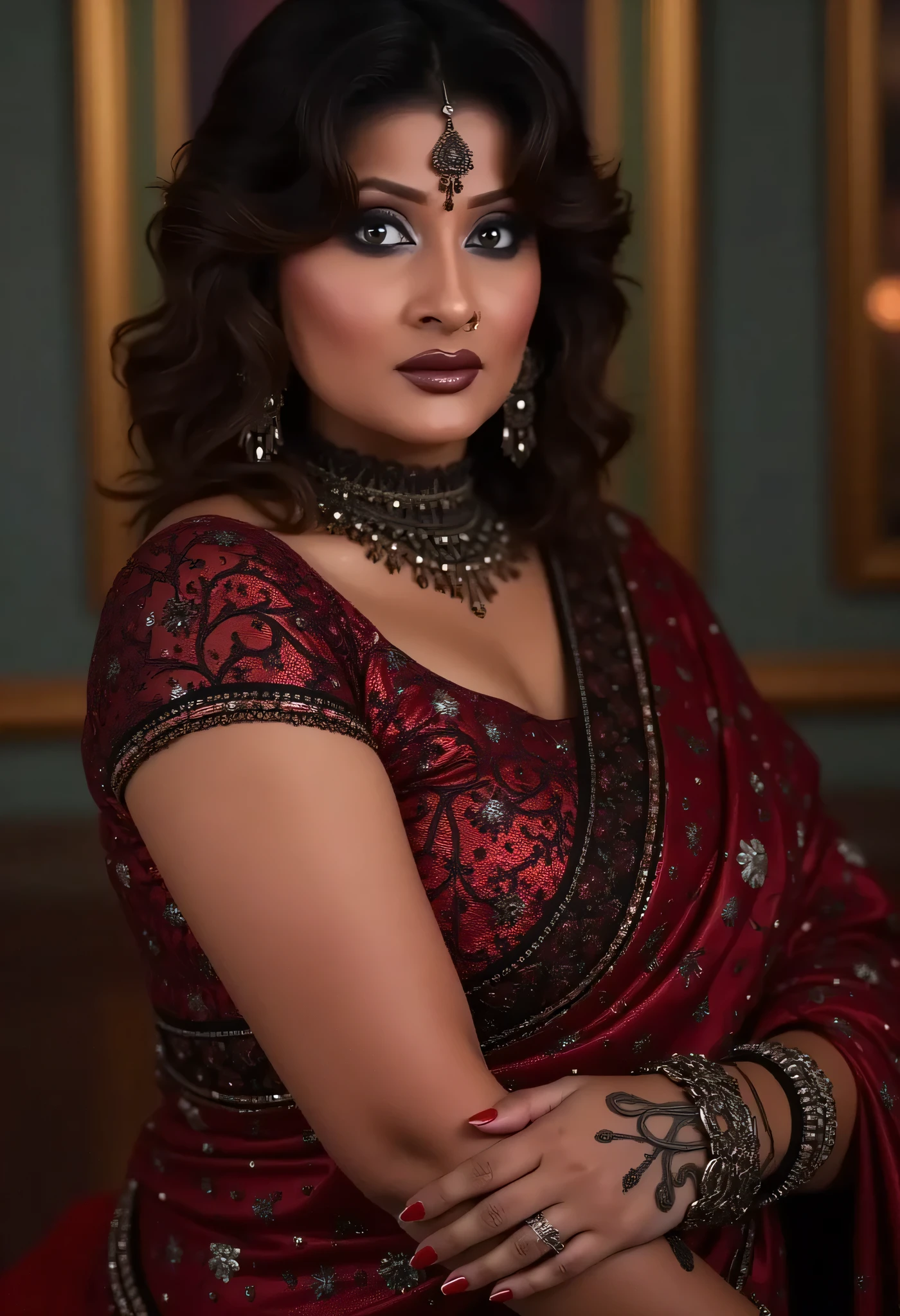 full body Closeup shot, slim aunty, milf, demoness mommy, sexy sleeveless blouse, sensual demoness, queen of the dark world, mother of demons, heavy breasts Indian aunty, huge figure, huge massive breast, cougar lady witch, horny Gothic milf, 50 years old gorgeous mature lady, pervert demoness, demoness of lust, curvy, black lips, horny face, extremely gorgeous, thick figure, heavy physique, voluptuous, curvy, sexy figure, Fashionable portrait of androgynous alien looking witch, glowing eyes, futuristic design, minimal details, givenchy, photoreal, 200mm, hd, f/ 2.0, highly detailed, surreal, sexy beautiful evil woman, sexy bold sequin Saree with strapless Bra, chudail, Pishachini, horror genre, blood-thirsty enchantress, powerful female spirit, eerie, drop dead, in the style of red and blue, (intricate details, hyperdetailed:1.15) (skin texture:1.2), dark Moody tone, cinematic lighting, haunted place in background, desi full figured bbw aunty, chudail aunty, sexy spicy hottest demoness queen, sexy smokin' hot chudail, sexy witch mommy, sexy sleeveless blouse, deep cleavage,