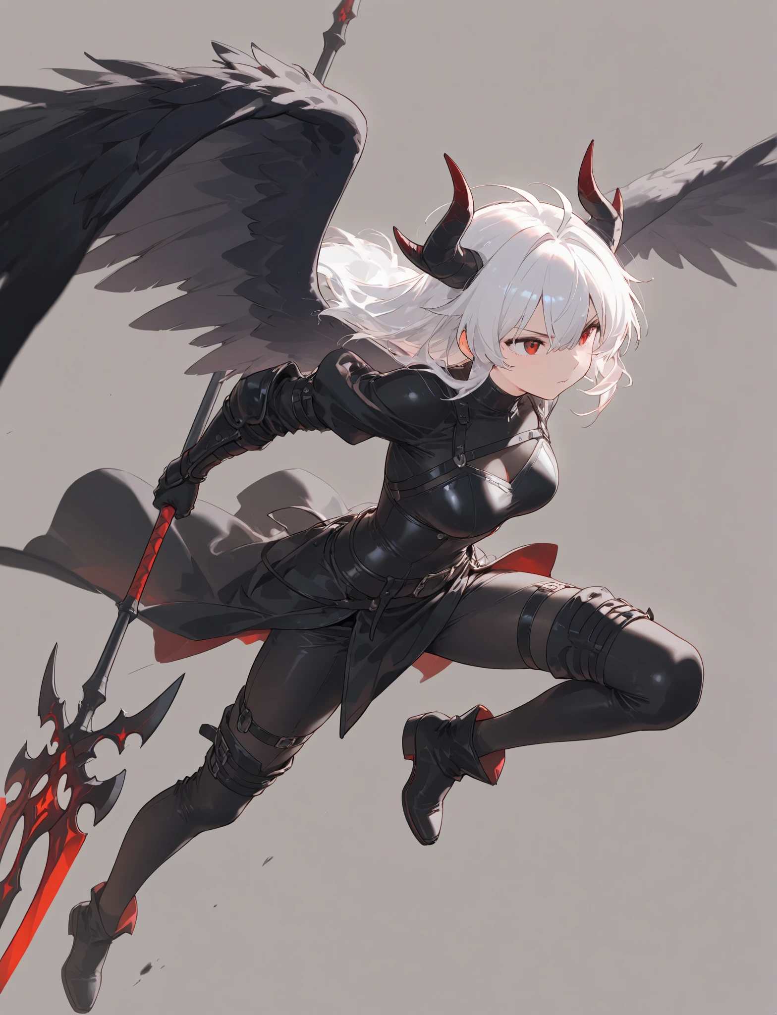 masterpiece,best,great,split theme,1girl,solo,cowboy shot,looking at viewer,outdoors,asymmetrical wings,black wings,white wings,shadow,angel and devil,blue eyes,red eyes,heterochromia,ruins,head wings,single side horns,from side,asymmetrical hair,asymmetrical armor,uneven eyes,hips,shoulder armor,halo,tall female,armor,thigh boots,skirt armor,