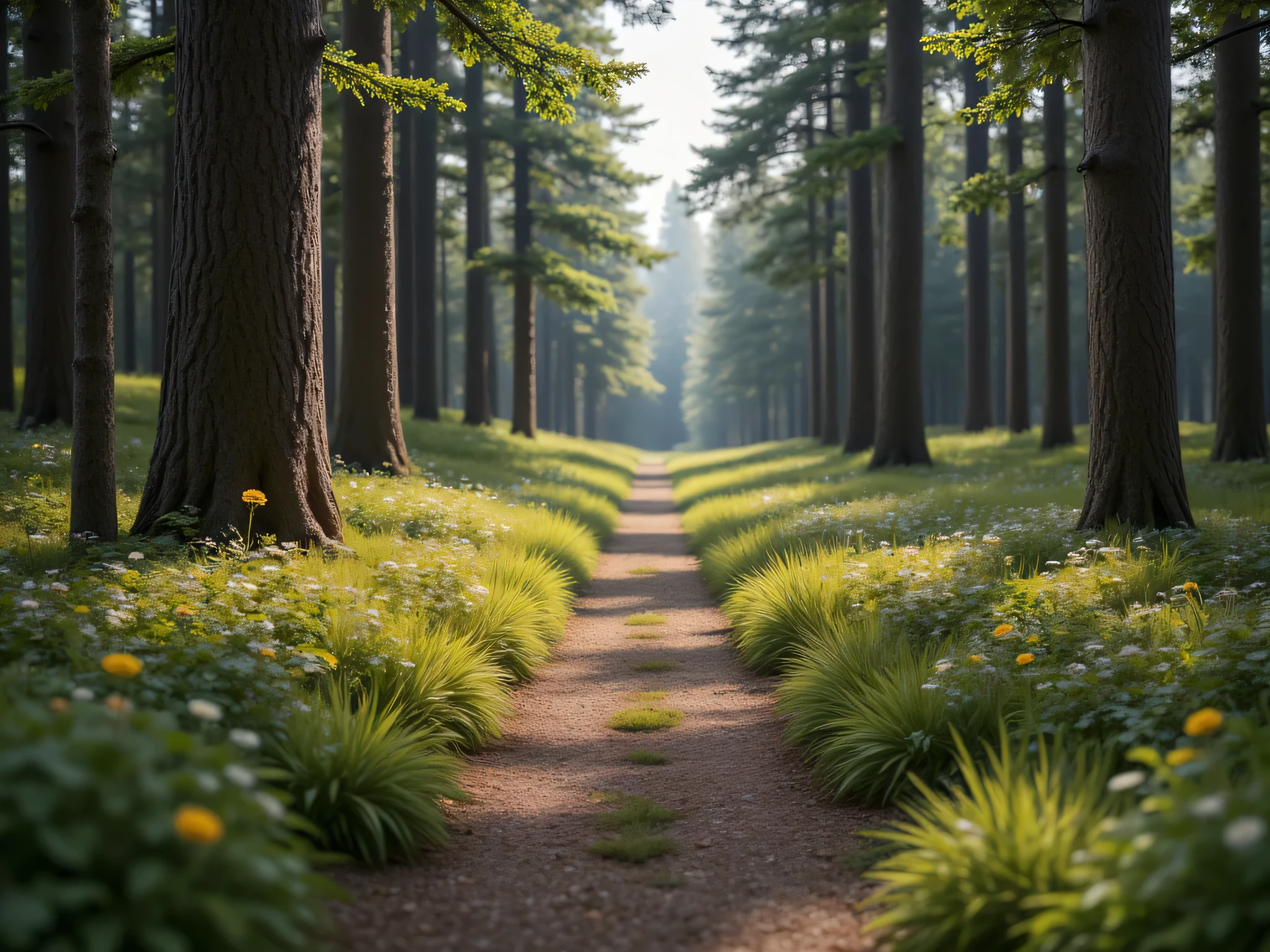  (masterpiece), best quality,  realistic, highly detailed, shallow depth of field, sharp focus, hyperrealism, cinematic lighting, photorealistic style, 8k solution, show a forest path , with tall trees along the path, and forest floor covered with green grass and wild flowers, 