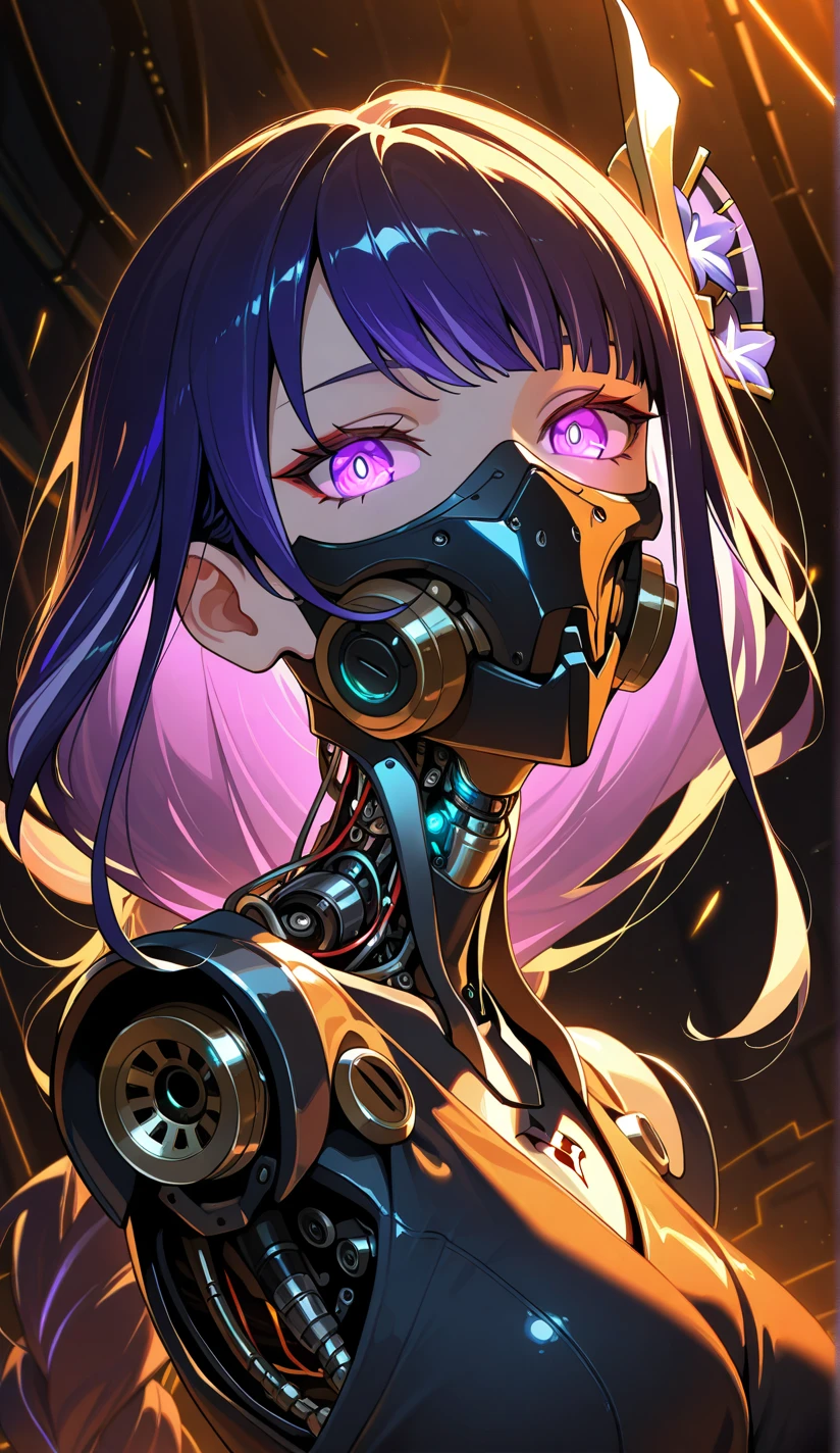 (masterpiece, Best quality), futuristic, Steelpunk, Pastel Gothic, Cyberpunk mask, sophisticated tactical technical clothing, neon accents, fashionable, Stylish, perfect slim body, big breasts, asymmetrical bangs, Wavy hair, hair band, necklace, bracelet, beautiful detailed eyes.   dynamic pose, contrasting, dynamic lighting