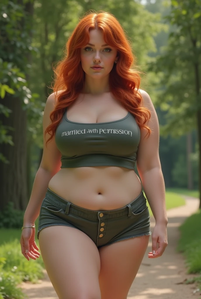 portrait of a girl, 24 years old, red hair, beautiful eyebrows, brown eyes, very beautiful, fitness body, very attractive, dear, very sweet, beautiful, beautiful model posing, long hair, hourglass waist, wide legs, medium breasts, curvy hourglass figure, beautiful thick female, wide hips, amouranth, better known as amouranth gray t-shirt, dark green open jacket, tight white shorts, brown boots, cowboy hat, field, sunset, athletic body, full body
