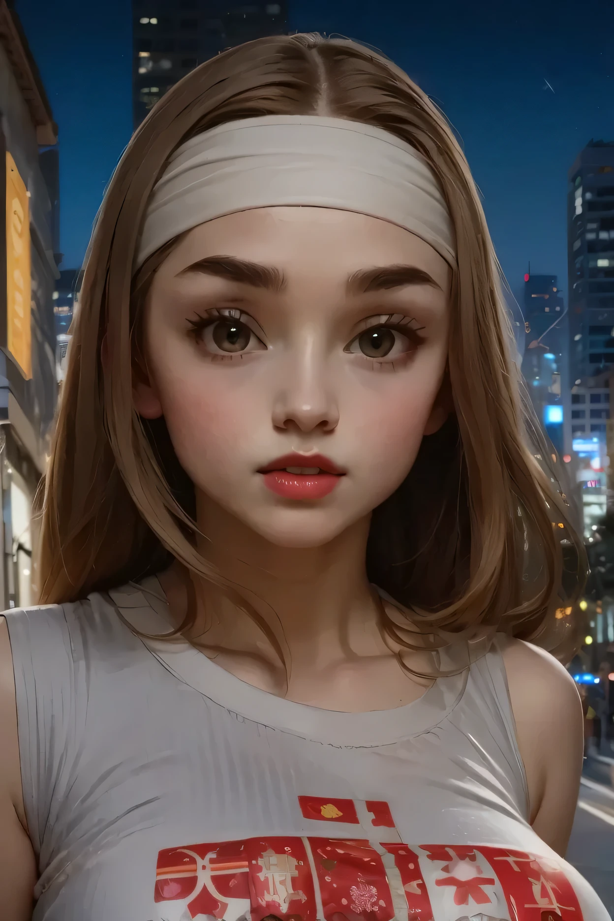 night sky, city street, perfect face, straight hair, lightest brown hair, white headband, black eyebrows, thick eyebrows, black eyeliners, big eyes, light brown eyes, bright red lips, thick lips, beautiful woman, white tank top