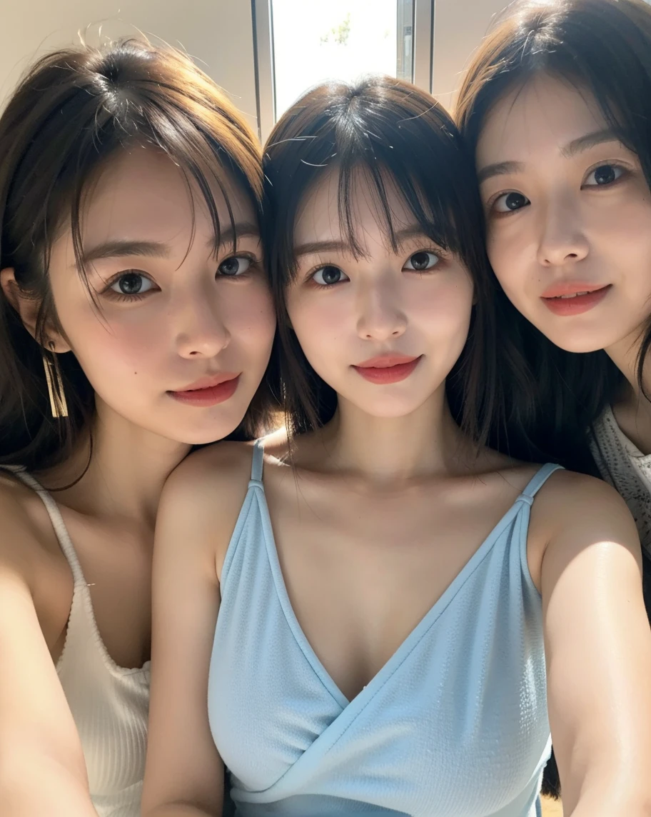 Highest quality、high resolution、(Selfie)、cheek-to-cheek、Two Girls、Japanese、20-year-old、Beauty、Beautiful face、Cute face、Well-formed face、Summer clothes、Tokyo cityscape