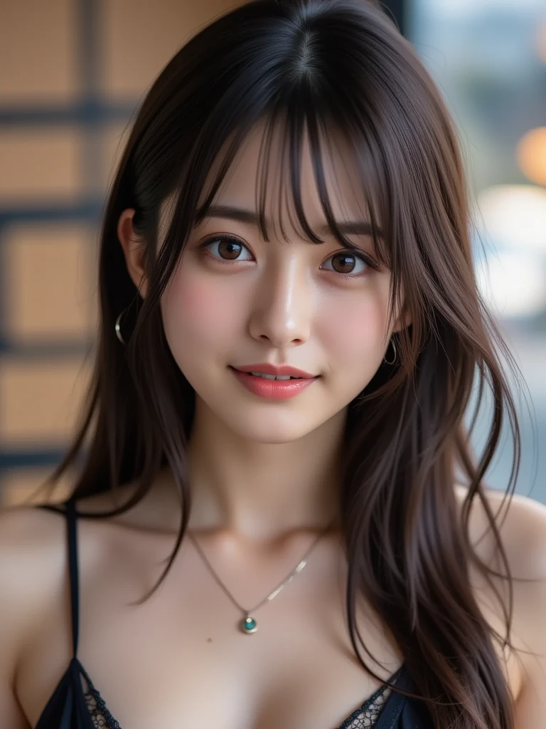 (masterpiece: 1.3), (8k, Realistic, RAW Photos, Highest quality: 1.4), (One Girl), Beautiful Face, (Realistic Face), (Brown long hair: 1.3), Beautiful Hairstyles, (bangs), (smile), smile, Realistic eyes, Gloss, highlight, highlight in the Eyes, eyelash, Beautiful details in the eyes, (Realistic Skin), Beautiful Skin, Transparency, Pink ruffled floral dress、 bust, smile, teeth, Confused, charm, 超High resolution, Ultra-realistic, High resolution, Golden Ratio, Clear eyes, Wet, Mole, Looking into the camera, ear, Shine, Long neck, double eyelid, Big eyes, cheek, kind character, charm personality, kind, Move, 圧倒的なcharm, bright personality
