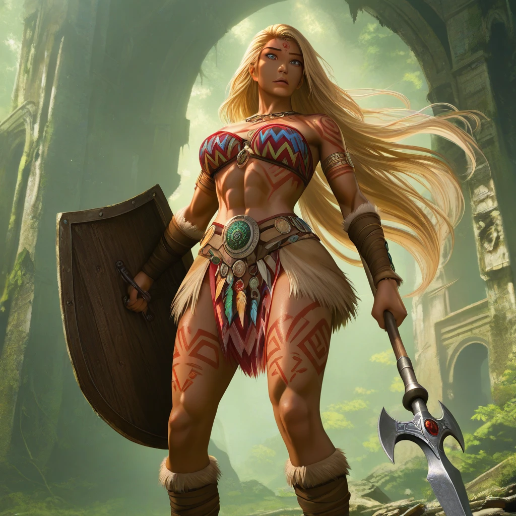 A gorgeous warrior woman of age30, skimpy armor, sword, toned abs, tanned skin, battle wounds with some blood, standing in flowery meadows, serene. Not overly muscular. Anime or Semi-Realistic style