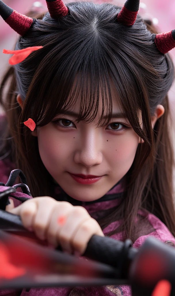 1girl, Nezuko kamado, Long hair, Black hair, Bamboo, Kimono pink, realistic.