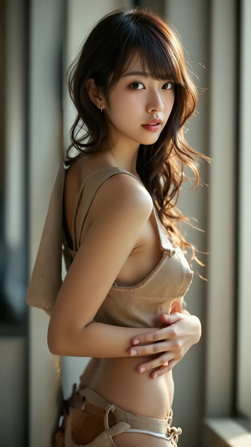 NFSW with backlight, Light leakage, Dynamic Lighting, slim, ,Orange dress,Cotton dresature Young,Erotic style,Large Breasts,very cute,whole body,Beautiful and soft skin、Perfect Face、Perfect Face,Gorgeous long brown hair,8K resolution,Ultra-realistic,Very detailed,high quality,Fashionable erotic beautiful immature woman ,(Look at the viewers)