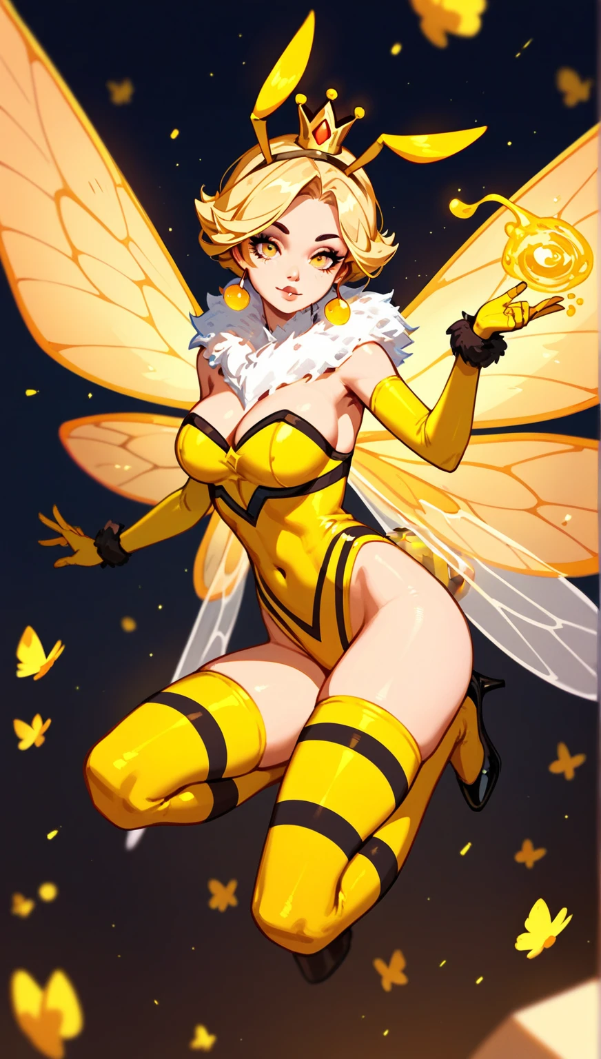 ((Masterpiece, best quality, photography, detailed skin, 8k, highly detailed, full body, High detail RAW color art, diffused soft lighting, shallow depth of field, sharp focus, hyperrealism, cinematic lighting, ((Female anthro bee:0.8)), Feminine insect humanoid creature, Four insectoid arms, wings Similar to a bee, Yellow and black color design, a remarkable Bee Body, Shiny Plug Suit, Bee wings, Cute Girl Face, a female, beautifully makeup, eyeshadow, beautiful big eyes, brown eyes, long eye lashes, monstrous insect, chitin skin, large almond shaped eyes, humanoid body style, sagging large breast, saggy body, spread legs, an evil gaze that seduces, lying, on side, bee nest