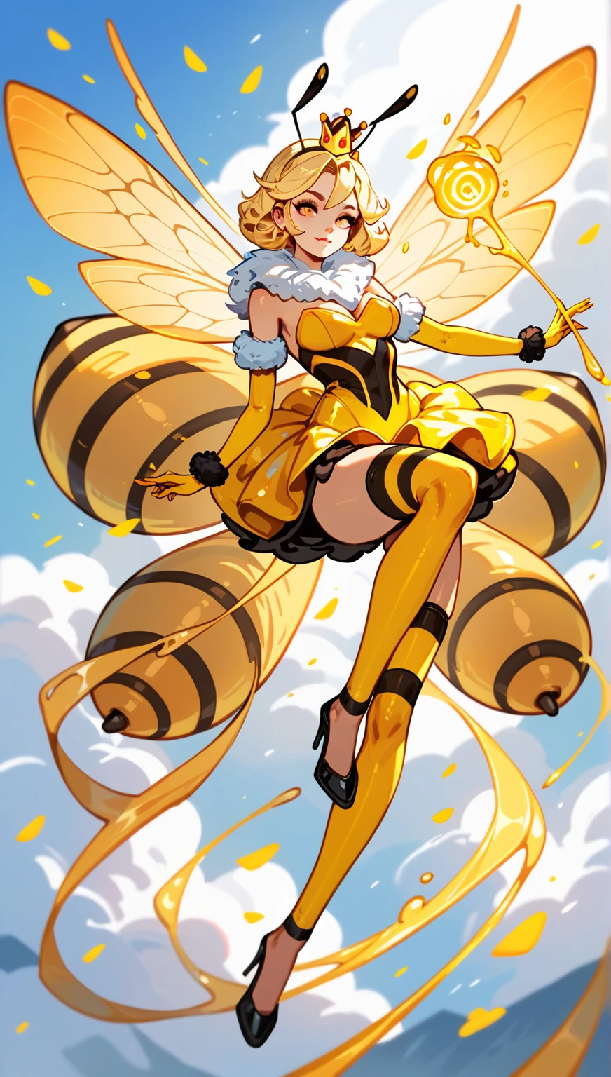 dvr-honey, beautiful beegirl wearing yellow made of dvr-honey beegirl outfit, bee leotard, bee wings,
(inside giant beehive), (sparkles, sparkling clothes, sparkling eyes), sharp focus, (glossy clothing, glittering fabric),