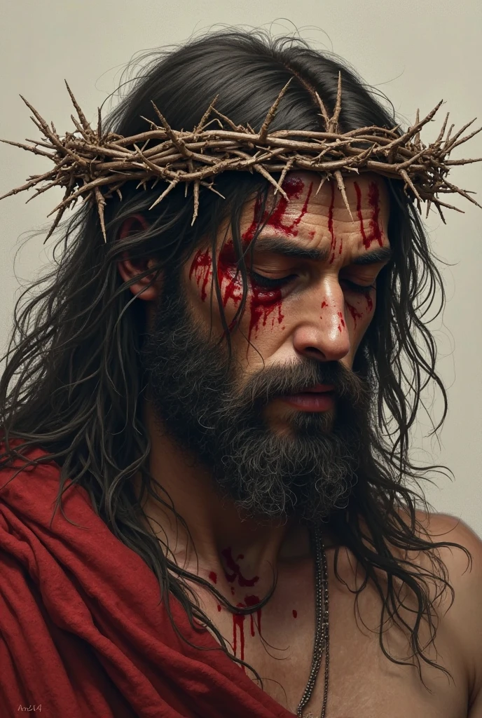 Generate an image of the royal Jesus Christ of Israel with a crown of thorns and completely covered with a cloak and blood on his face