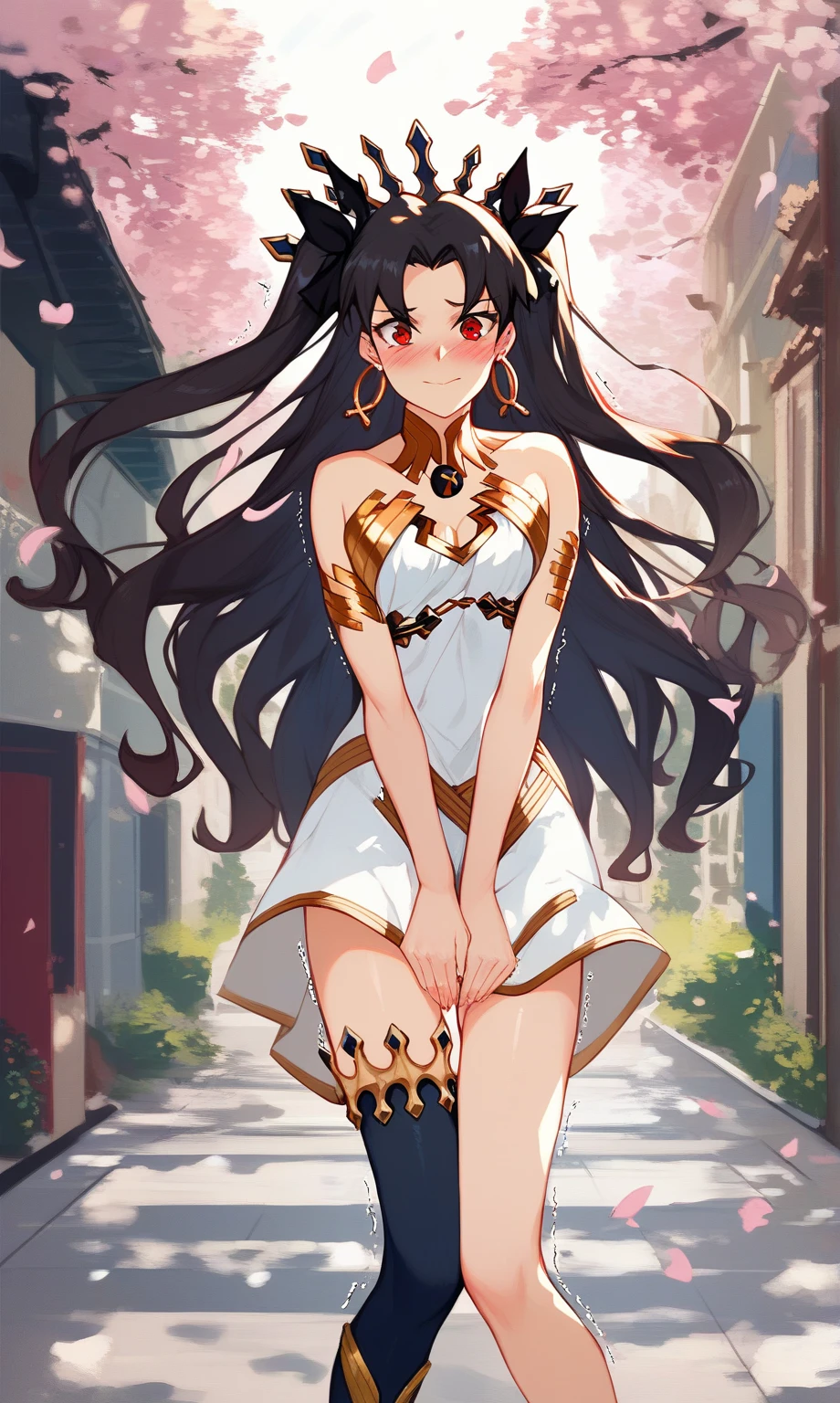 score_9, score_8_up, score_7_up, source_anime, 1girl, solo, outdoors, street, cherry blossoms, cowboy shot, standing, knees together, shiny skin,ishtar, red eyes, black hair, long hair, two side up, parted bangs, black ribbon, hair ribbon, tiara, hoop earrings, jewelry, neck ring, bikini, single sleeve, detached sleeves, single thighhigh, black thighhighs, double v, desperate to pee, holding in pee, doing pre dance, standing up, knees together, arms between thighs, hands between thighs, embarrassed, blushing, trembling