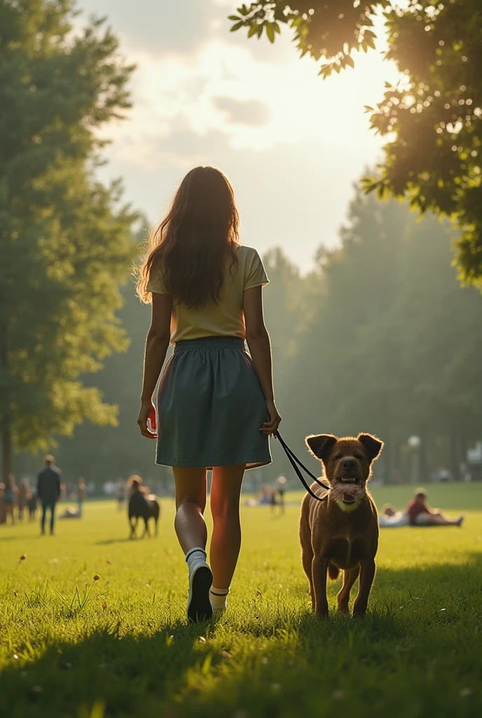 she walk with a dog, detailed full body portrait, woman walking a pet dog on leash, outdoor park scenery, bright natural sunlight, overcast cloudy sky, lush green grass, scattered trees, photorealistic, highly detailed, 4k, realistic, cinematic lighting, dramatic colors, intricate textures, masterpiece