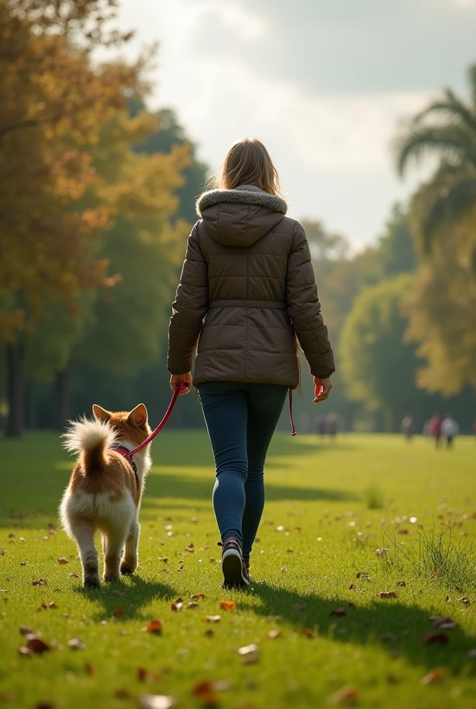she walk with a dog, detailed full body portrait, woman walking a pet dog on leash, outdoor park scenery, bright natural sunlight, overcast cloudy sky, lush green grass, scattered trees, photorealistic, highly detailed, 4k, realistic, cinematic lighting, dramatic colors, intricate textures, masterpiece