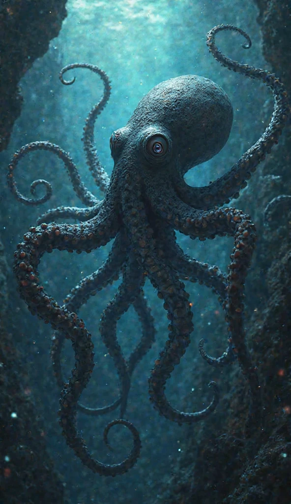 hyper-realistic marine wildlife concept art. far shot. a giant squid in the dark depths of the ocean, glowing bioluminescent tentacles outstretched. Dark ambient glow. soft blue and purple hues. detailed texture on suckers. organic shapes of deepsea creatures in the background. eerie subtle gradients. incredibly detailed, 16k resolution, painstakingly composed. photorealistic, hyper-detailed, imposing, a masterpiece. meticulously finished. majestic, awe-inspiring, complex anatomy, eighthousand pixels wide. gloriously eerie, majestic power