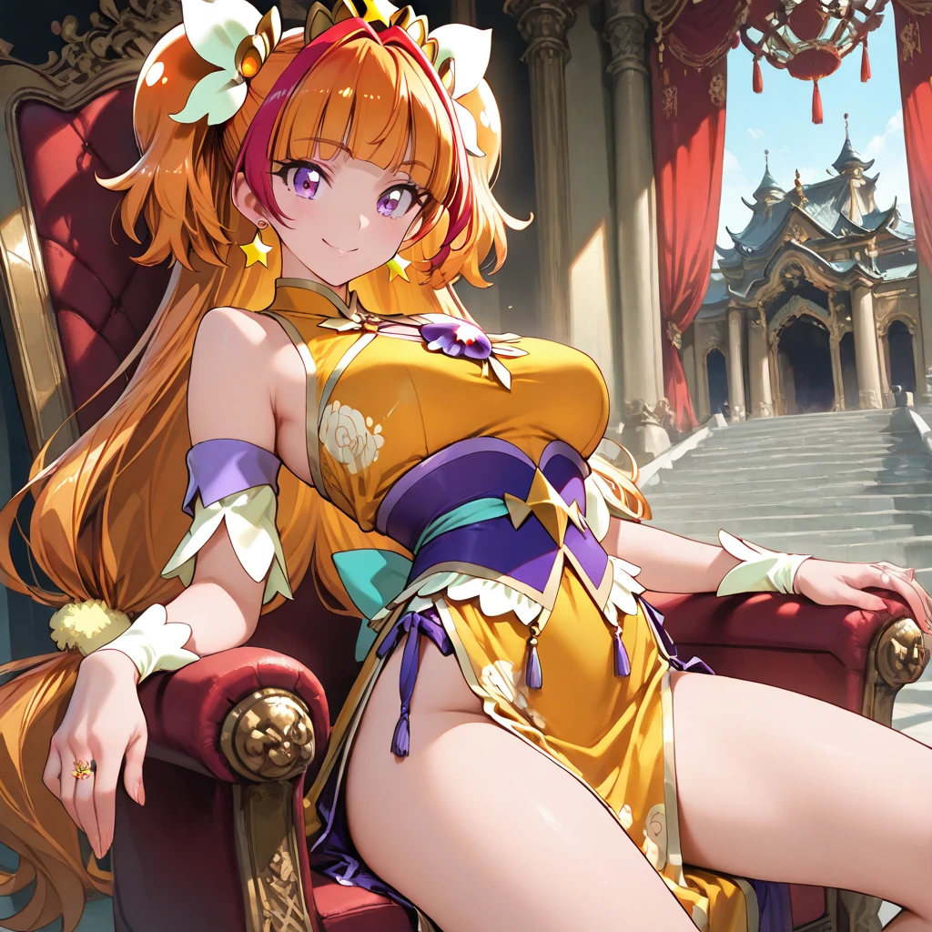Hi res, masterpiece, 8k, NSFW, kagamine rin, (gigantic tits: 1.6), (orange long queen dress: 1.4), (white lace stockings: 1.4), (white high heels: 1.4), (diamond crown: 1.4), in a throne room, with red drapes on the wall behind her, (she is sitting with crossed legs on a luxurious gold throne: 1.4), (she is holding a luxurious floding fan: 1.4), erotic face, erotic smile, erotic gaze, partially closed eyes, looking at the viewer (front view: 1.4)