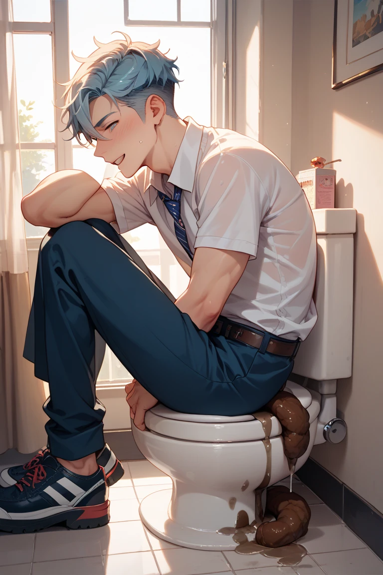 score_9, score_8_wonderful, score_7_wonderful, sauce_anime ,Blue Rock,İsagi,Male Focus,Part 1: , 1 male,Black trousers,toilet,Red tie,blazer,Get on all fours and place your hands on the floor,penis,Wearing a collar with a leash,View your viewers
