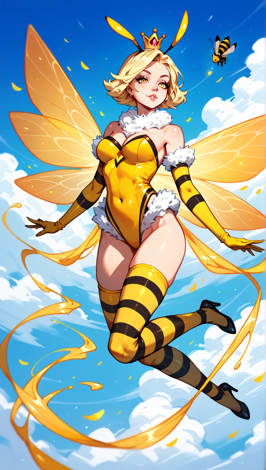 Girl, bee, short yellow hair, yellow eyes, striped bee costume, big breasts, exposed belly, short skirt, bee wings, queen bee, blue background