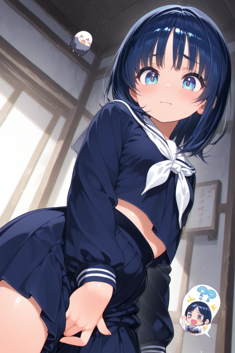 School uniform, ahegao, blush, wet, white Stripe blue striped panties, see through, nipple, sad, toddler