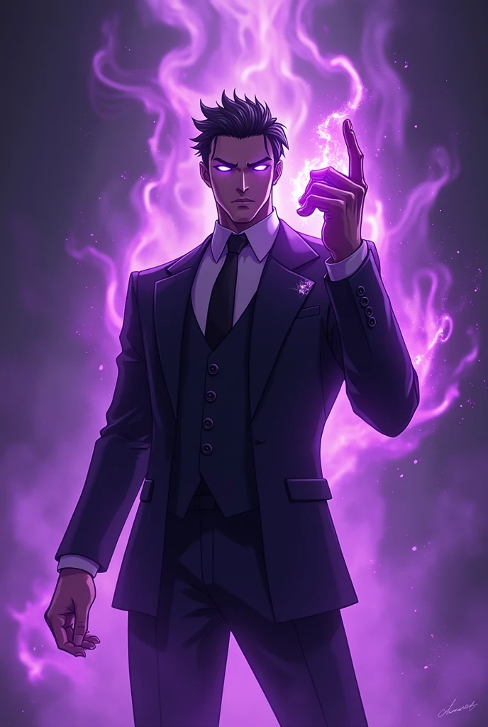 Man, purple skin, purple suit, glowing eyes,bleeding, leaving a burning bulding