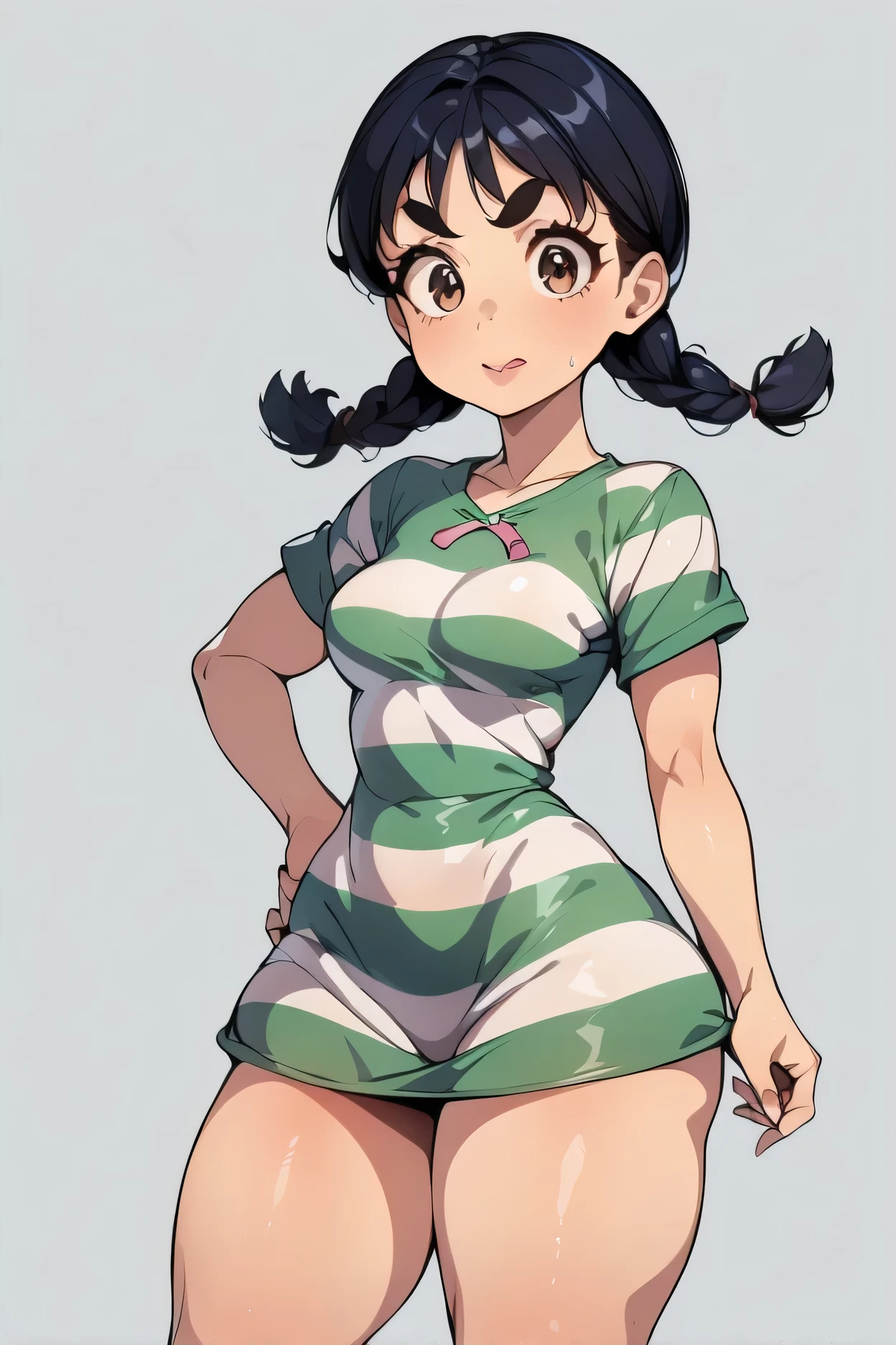 simple background, 1girl, twin braids, black hair, black eyebrows, thin eyebrows, big eyes, lightest brown eyes, thick lipstick, perfect face, beautiful girl, medium breasts, striped round tunic dress, hand on hip, (thick thighs:1.3)