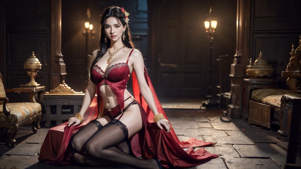 a woman in very long red sheer skirt, gr3ysh33r very sensual posing