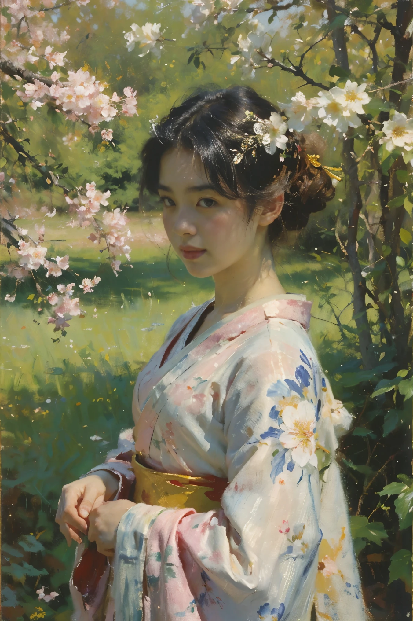 A medium shot oil painting in the style of classical Japanese ukiyo-e, depicting a young Japanese geisha, approximately 18-22 years old, with delicate features, porcelain skin, and dark, expressive eyes, standing gracefully amidst a vibrant cherry blossom tree. Her kimono, a deep crimson silk adorned with gold embroidered cherry blossoms, flows gently around her as she gazes upward, a serene yet wistful expression on her face, suggesting a profound connection with nature. Her dark hair is meticulously styled, adorned with delicate ornaments, and partially obscured by the blossoming branches. Her posture is subtly curved, conveying a sense of gentle surrender to the beauty surrounding her. The cherry blossoms, rendered with impasto brushstrokes, explode in a soft pink and white profusion around her, creating a halo effect. The background is a soft, blurred impression of a traditional Japanese garden, with muted greens and browns. The lighting is soft and diffused, mimicking natural daylight filtering through the blossoms, creating a luminous atmosphere. The overall mood is one of serene contemplation and poignant beauty, tinged with a melancholic sweetness. The painting employs rich, saturated colours and visible brushstrokes, capturing the essence of fleeting beauty and the ephemeral nature of love. The perspective is slightly low, emphasizing the geisha's grace and the abundance of blossoms. The texture is thick and impasto in areas, particularly in the blossoms, contrasting with the smoother texture of the geisha's kimono.