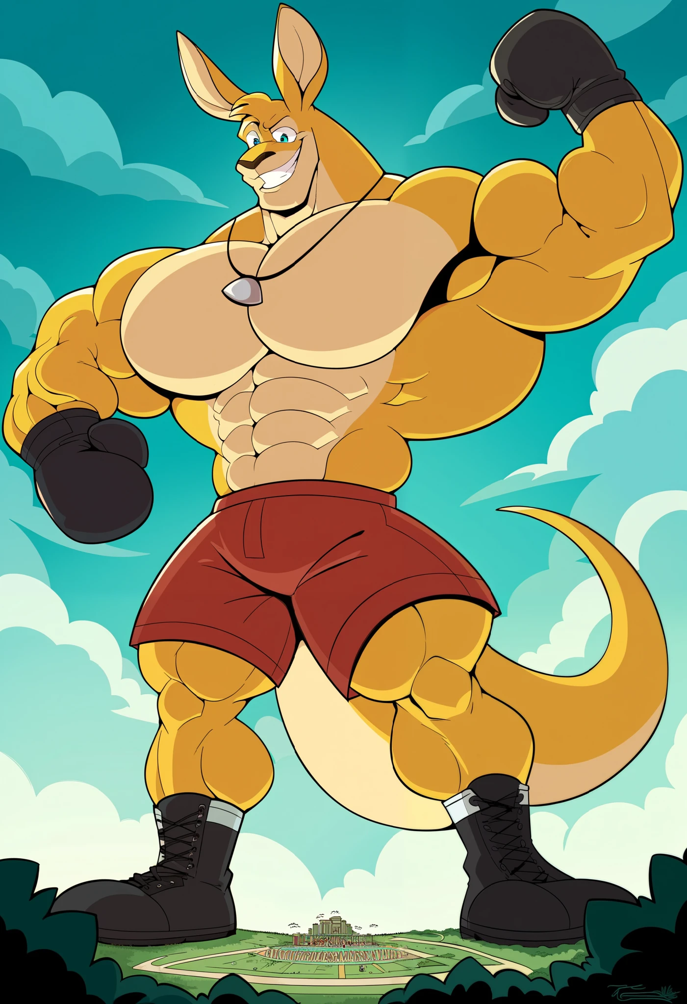 a giant muscles boxing kangaroo, yellow skin, long neck, bigger green boxing gloves, red shorts, necklaces, fur red neck bigger cartoon eyes, big ears, long tail, big feets, black boots, looking down, muscular body, full body, macro size, giant size, 50 foot size, hypercartoon, 4K 8K 24K, intricate details, photocartoon, studio lighting, standing, flexing his powerful muscles pose, ginomous biceps, enormous pectorals, bouncing pecs, muscular build, powerful smile expression, teeths, dramatic lighting, lush jungle background, blue day sky background, dynamic motion blur, cinematic composition, saturaded color palette.