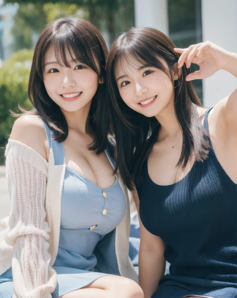 identical twin sisters, 16 years old, bangs, half-crying face, rub each other'chest、no makeup