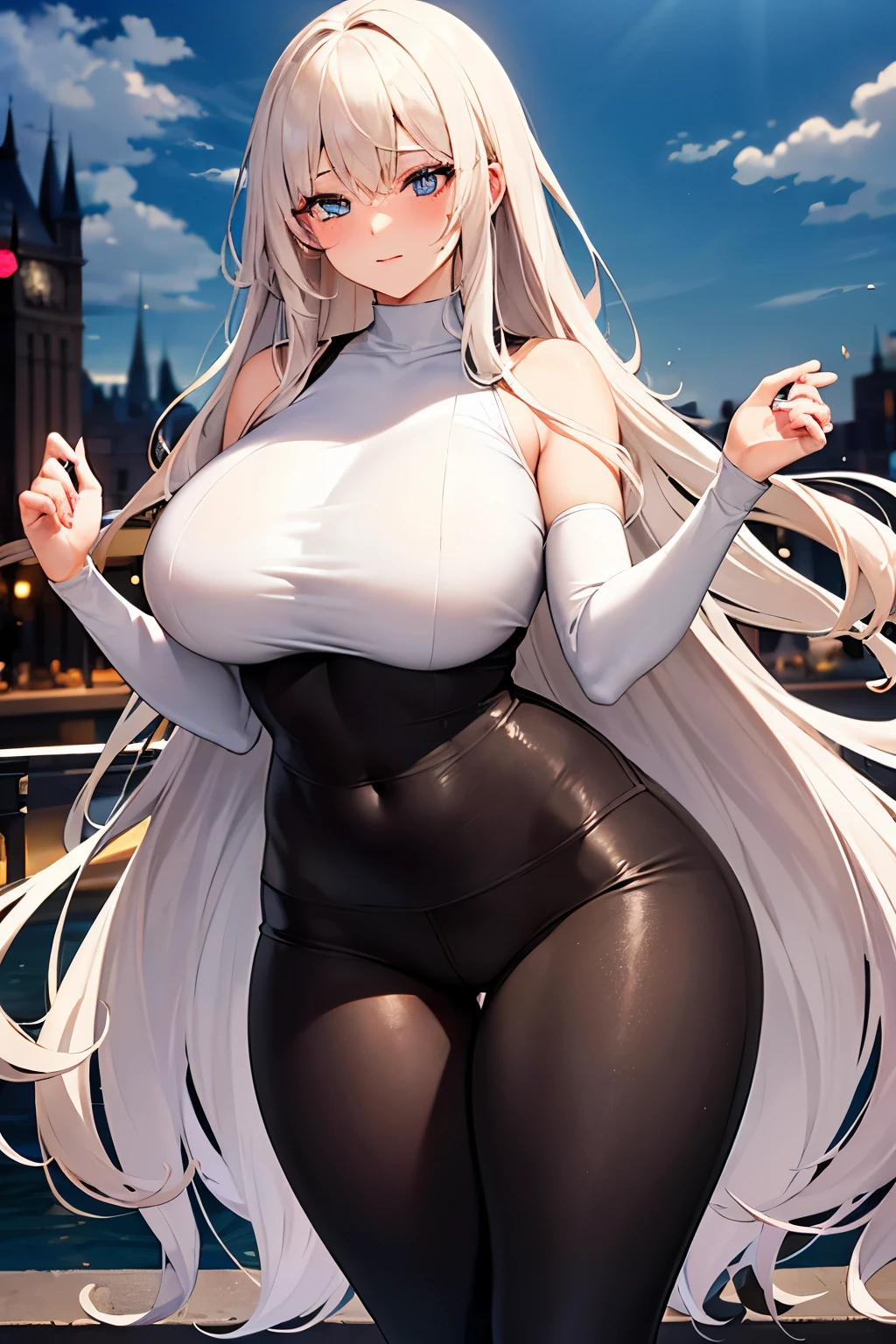 long white hair, stellar blue eyes, Waist slender, strong bodie, defined abdomen, confident and serious face, huge breasts, dark circles in the eyes, Kizi, black wool sweater with high neck, arms with long black sleeves, sexy tight pants, sitting on a park bench outdoors.