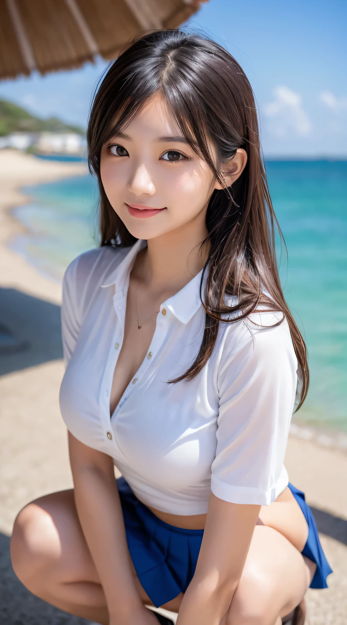 Oversized white collared shirt、Naked except for a shirt、full body shot、Complex and beautiful eyes、woman、womanらしい髪型、Natural color lip、Big Breasts、valley、bold and sexy pose、smile、Ocean、((18歳woman:1.2))、Young adorable Japanese face, Official Art,Highly detailed CG Unity 8k wallpaper, (masterpiece:1.0),(highest quality:1.0), photo shoot, 8K, nsfw, High resolution, Kodak Portrait 400, Film Grain, Lens Flare Glow,View Viewer
