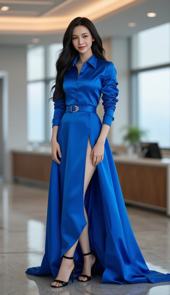 8k, super sharp photo, perfect quality, 1 vietnamese girl with sexy evening dress, standing in front of bedroom, hands outstretched, perfect breasts, attractive smile, clean face,  full body: 1.2, slim body, body abs, navy blue eyes, navy blue hair, neat hair,