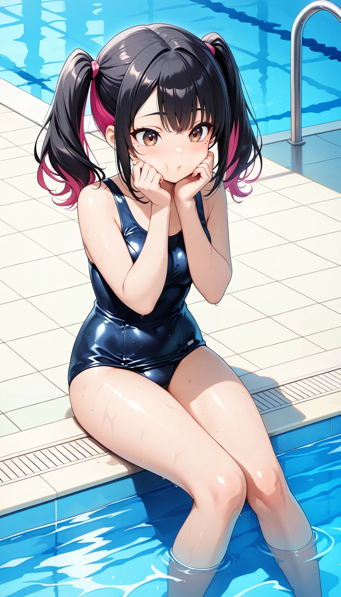 1 female, (Minami Yoshikawa), black hair with pink inner color hair, twin tails, asymmetrical hair, brown eyes, mole under the eye, slight build, Crush your cheeks with both hands, beautiful shining eyes, glossy lips , very detailed目と顔, Long Lashes, perfect face, perfect hand, Perfect Legs, perfect fingertips, school swimsuit, wet, bust up shot where you crush your cheeks with both hands, Hug your own lap:1.2, sit, poolside, Pool Scenery:1.2, (top quality, very detailed, CG illustration, masterpiece:1.2, Aesthetics at its best),